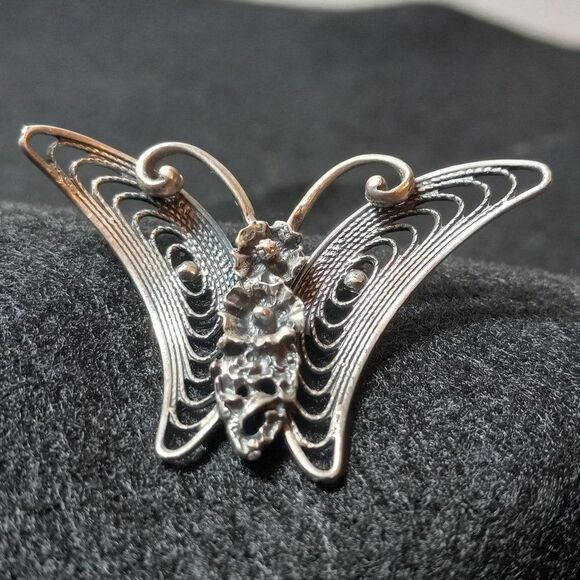 Vintage Sterling Floral and Butterfly Filigree Brooch - Picture 1 of 6